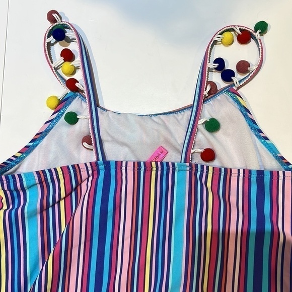 Betsey Johnson Girls One Piece Striped Bathing Suit with Pom Poms size 14 - Picture 8 of 13